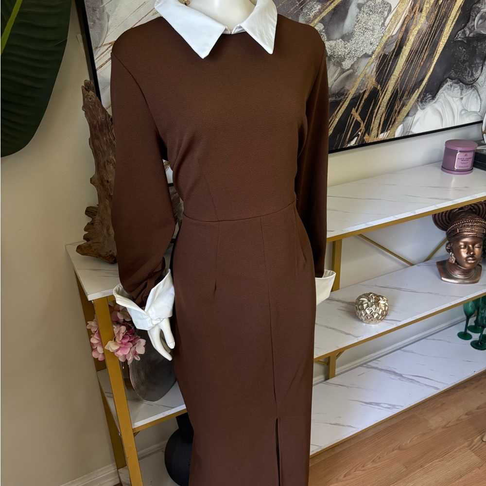SHEIN Brown Long Sleeve Dress with White Collar